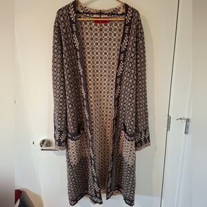 Tigerlily Beige & Gray Boho Printed 100% Cotton Maxi/Duster Cardigan (Size L)